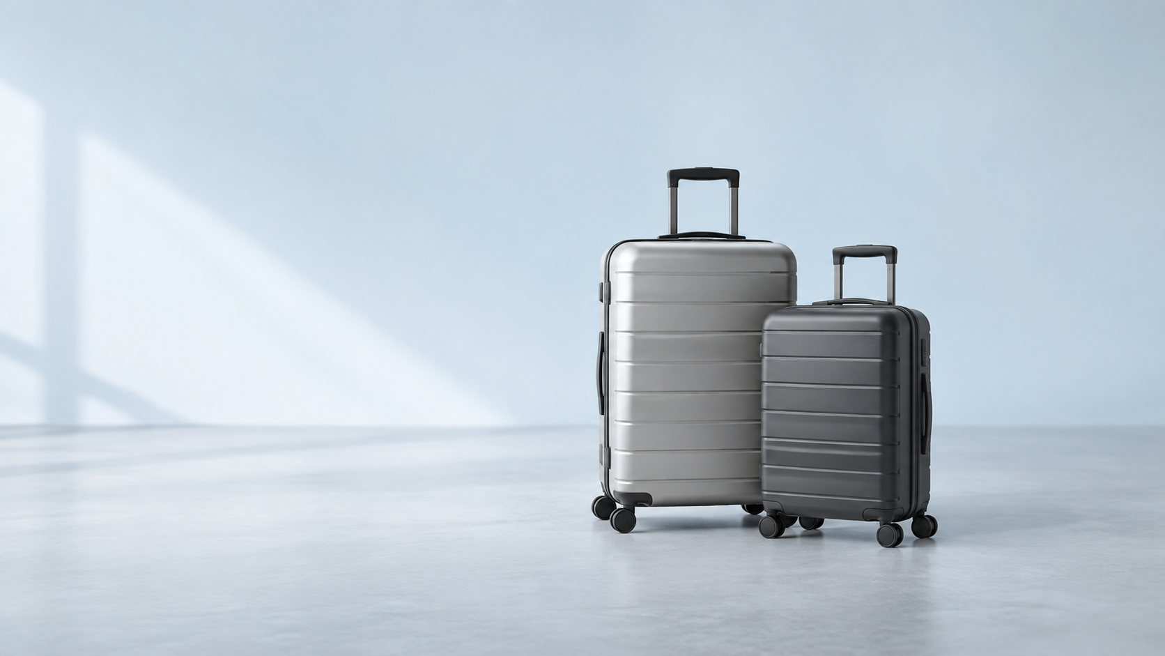 Silver and graphite suitcases in soft morning light